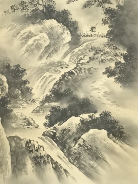 掛軸 玉泉『水墨山水 風景図』日本画 絹本 肉筆 共箱付 掛け軸 N11222 掛軸 玉泉『水墨山水 風景図』日本画 絹本 肉筆 共箱付 掛け軸 N11222